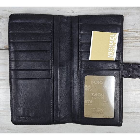 MICHAEL KORS Medium Bifold Flap Black Leather Wallet Palm Beach Continental - Picture 5 of 13